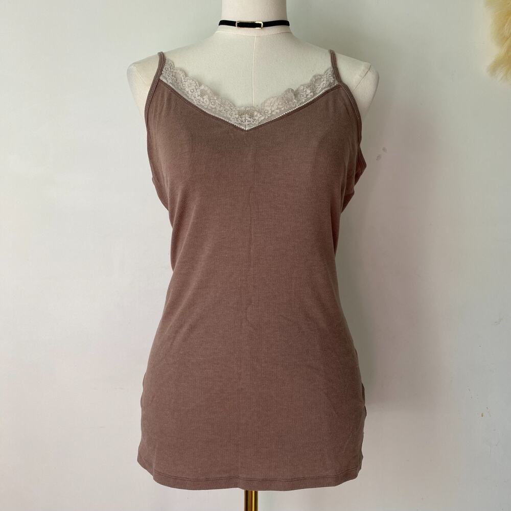 Old‎ Navy Womens Y2K Ribbed Lace Trimmed Tank Size XL Preppy Brown Elena Gilbert